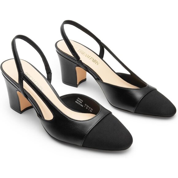 🆕Women Black Faux Leather Closed Round Toe Low Chunky Heel Slingback Pumps Shoe - Picture 3 of 7